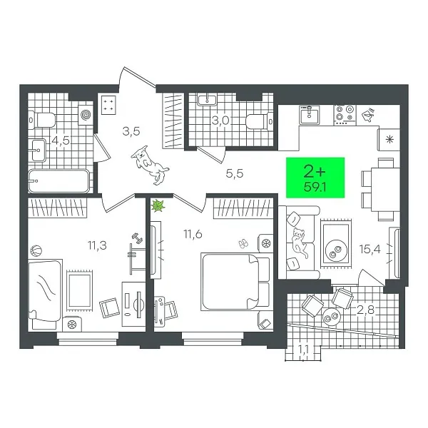 Количество комнат: 2,  59.18 кв.м.
