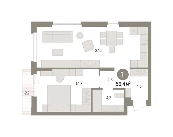 Новая 1-к квартира
 56.4 м² на 11/16 этаже в ЖК «Квартал «Траектория»» в городе Тюмень 
