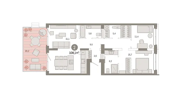 Новая 2-к квартира
 108.09 м² на 2/7 этаже в ЖК «Кварталы «На Минской»» в городе Тюмень 