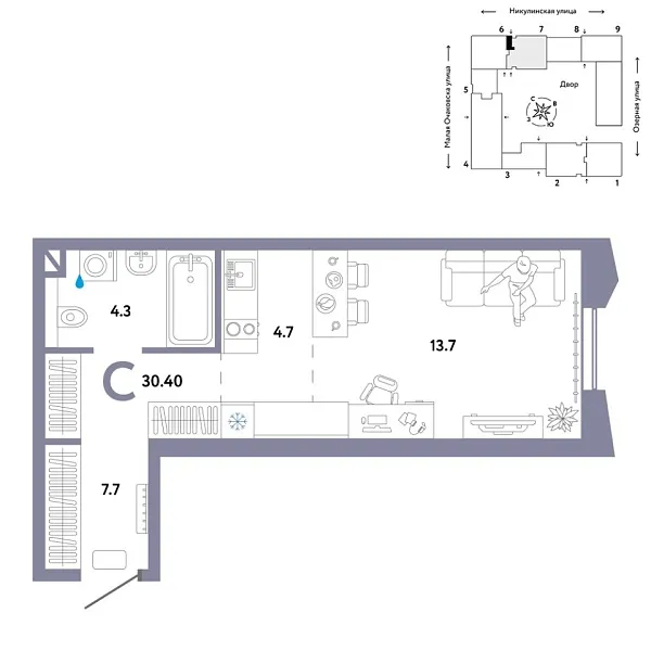 Новая квартира-студия
 30.4 м² на 10/30 этаже в ЖК «Страна.Озёрная» в городе Тюмень 