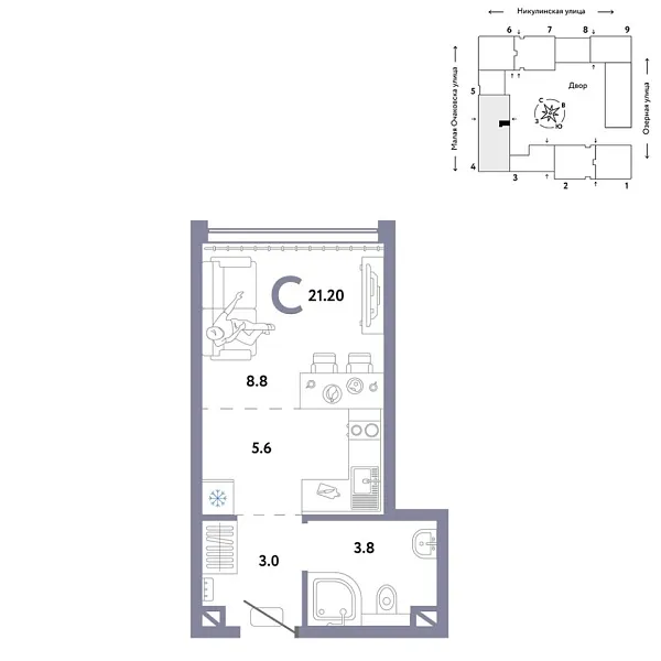 Новая квартира-студия
 21.2 м² на 16/30 этаже в ЖК «Страна.Озёрная» в городе Тюмень 