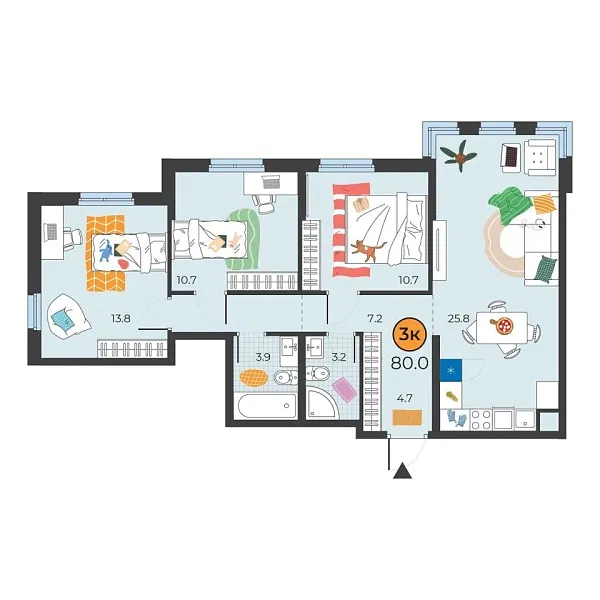 Новая 3-к квартира
 80 м² на 5/25 этаже в ЖК «Корней» в городе Тюмень 