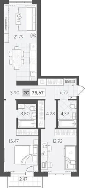Новая 2-к квартира
 75.67 м² на 2/17 этаже в ЖК «Скандиа. Квартал в Комарово Парк» в городе Тюмень 