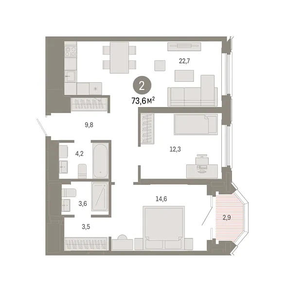 Новая 2-к квартира
 73.6 м² на 11/24 этаже в ЖК «На Некрасова» в городе Тюмень 