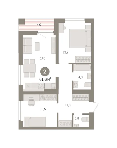 Новая 2-к квартира
 61.6 м² на 9/10 этаже в ЖК «Речной порт» в городе Тюмень 