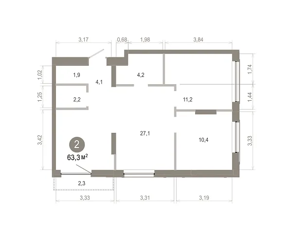 Количество комнат: 2,  63.33 кв.м.