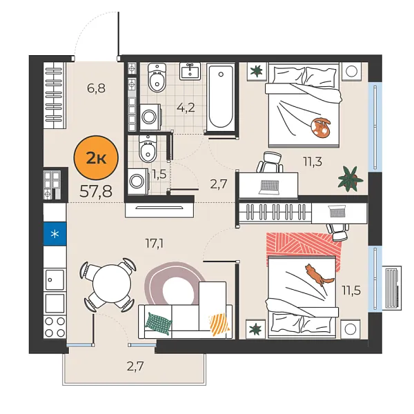 Новая 2-к квартира
 55.1 м² на 8/25 этаже в ЖК «Корней» в городе Тюмень 