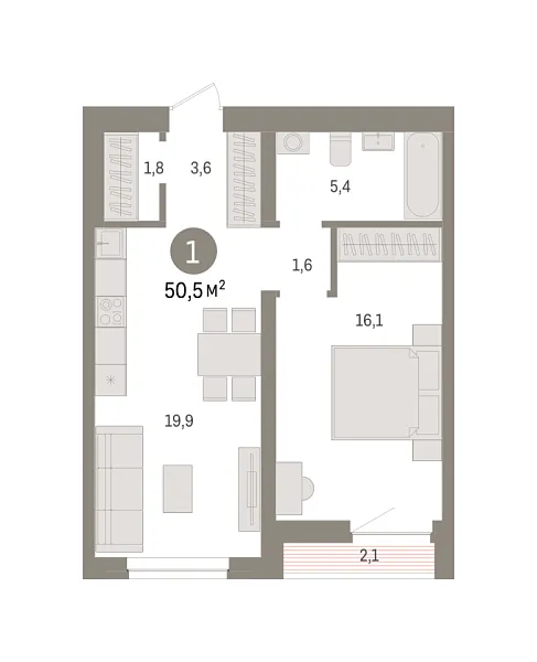 Новая 1-к квартира
 50.6 м² на 7/10 этаже в ЖК «Речной порт» в городе Тюмень 