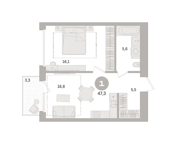 Новая 1-к квартира
 47.3 м² на 3/6 этаже в ЖК «Дом «А»» в городе Тюмень 