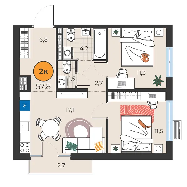 Новая 2-к квартира
 55.1 м² на 9/25 этаже в ЖК «Корней» в городе Тюмень 