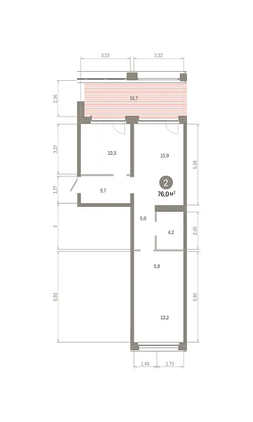Количество комнат: 2,  76 кв.м.