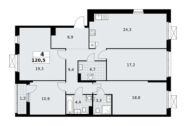 Новая 4-к квартира
 120.5 м² на 10/16 этаже в ЖК «Прокшино» в городе Тюмень 