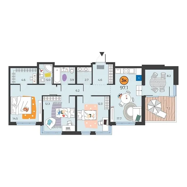 Новая 3-к квартира
 92.1 м² на 7/25 этаже в ЖК «Корней» в городе Тюмень 