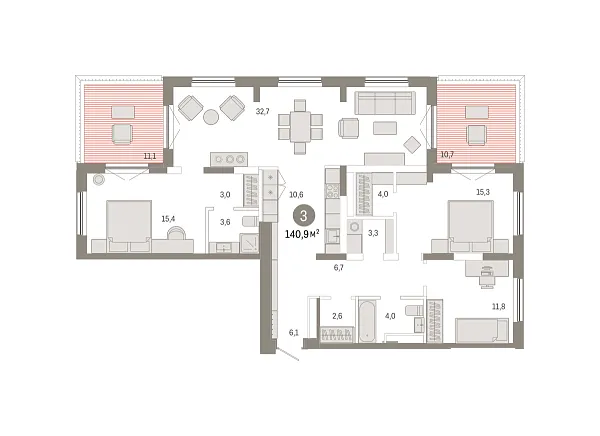 Новая 3-к квартира
 140.93 м² на 17/17 этаже в ЖК «Октябрьский на Туре» в городе Тюмень 