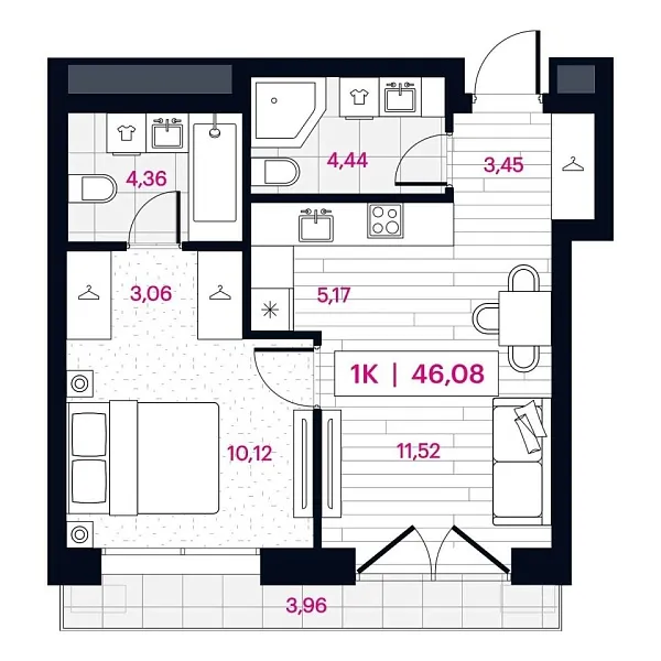 Новая 1-к квартира
 46.08 м² на 2/16 этаже в ЖК «Пушкина» в городе Тюмень 