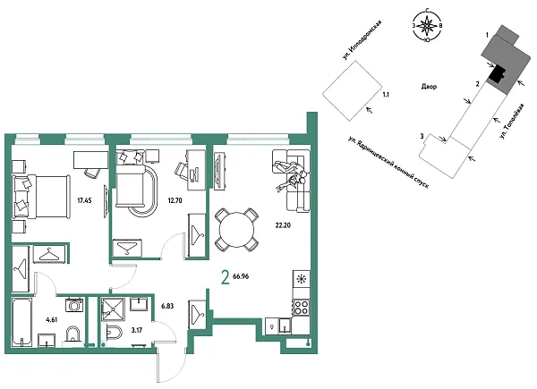 Новая 2-к квартира
 66.96 м² на 8/9 этаже в ЖК «Страна.Тополёвая» в городе Тюмень 