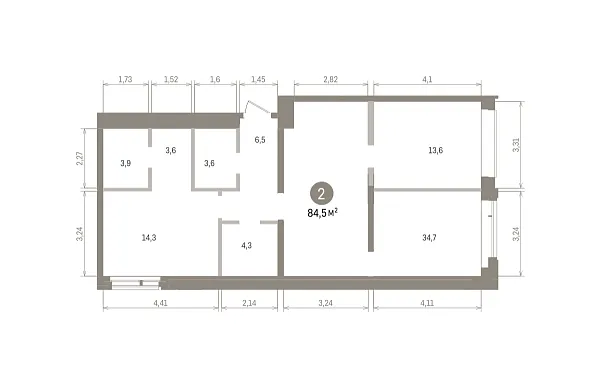 Количество комнат: 2,  84.5 кв.м.