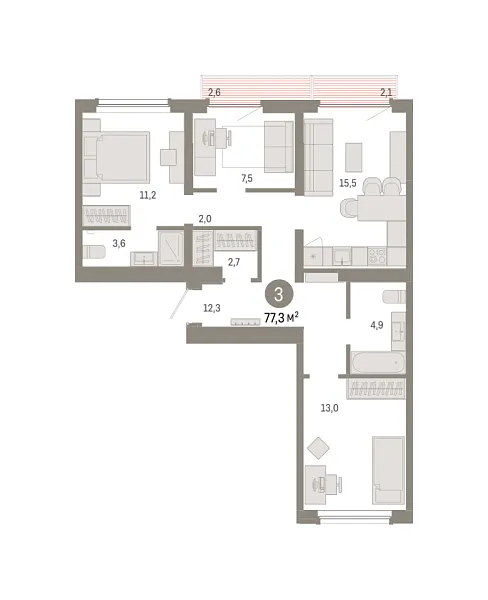 Новая 2-к квартира
 77.34 м² на 9/9 этаже в ЖК «Брусника в Академическом» в городе Тюмень 