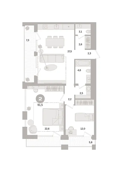 Новая 2-к квартира
 91.5 м² на 9/21 этаже в ЖК «Дом «А»» в городе Тюмень 