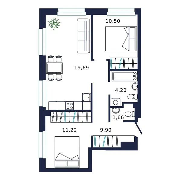 Новая 2-к квартира
 55.9 м² на 14/19 этаже в ЖК «Норден» в городе Тюмень 