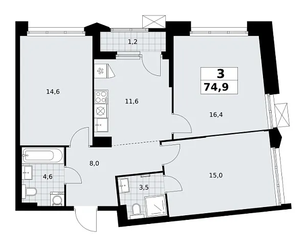 Новая 3-к квартира
 74.9 м² на 10/16 этаже в ЖК «Деснаречье» в городе Тюмень 
