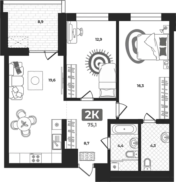 Новая 2-к квартира
 73.1 м² на 10/23 этаже в ЖК «Маэстро» в городе Тюмень 