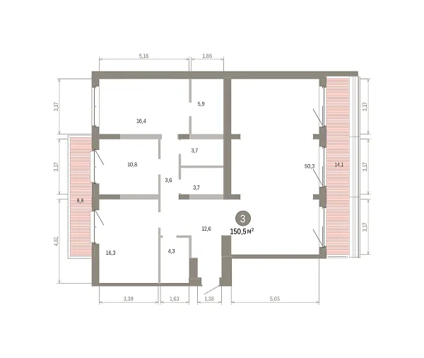 Количество комнат: 3,  150.53 кв.м.