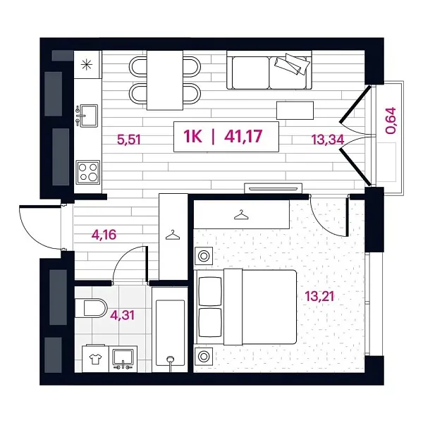 Новая 1-к квартира
 41.17 м² на 12/16 этаже в ЖК «Пушкина» в городе Тюмень 