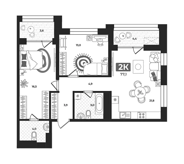 Новая 2-к квартира
 77.5 м² на 6/22 этаже в ЖК «Маэстро» в городе Тюмень 