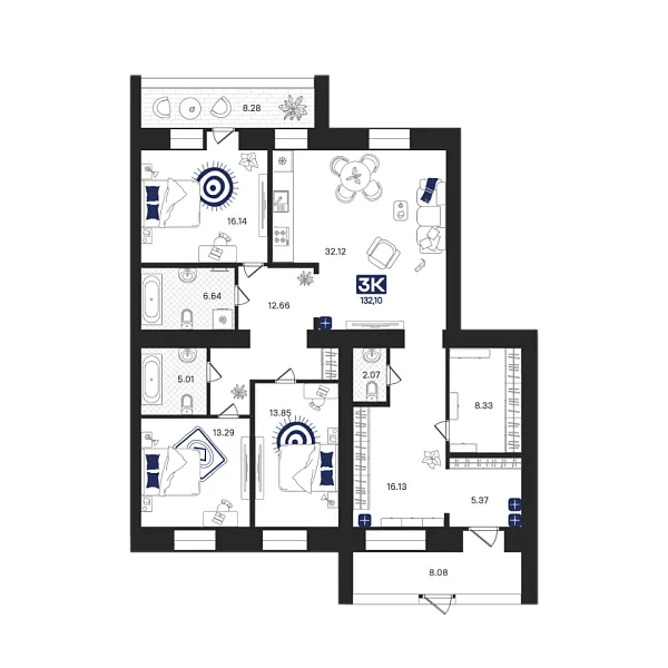 Новая 3-к квартира
 132.1 м² на 1/9 этаже в ЖК «Ария» в городе Тюмень 