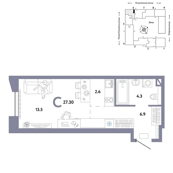 Новая квартира-студия
 27.3 м² на 7/30 этаже в ЖК «Страна.Озёрная» в городе Тюмень 