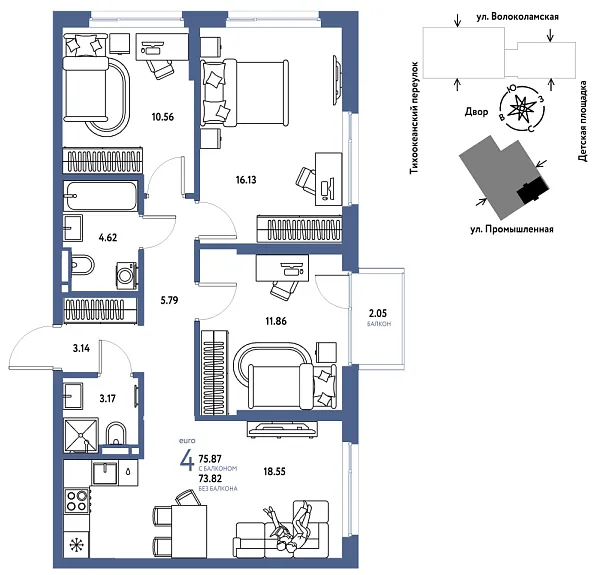 Новая 4-к квартира
 75.87 м² на 12/20 этаже в ЖК «Страна.Прибрежная» в городе Тюмень 