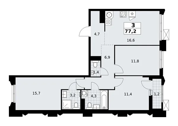 Новая 3-к квартира
 77.2 м² на 13/16 этаже в ЖК «Деснаречье» в городе Тюмень 