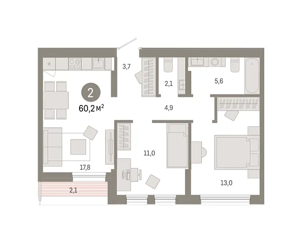 Новая 2-к квартира
 60.2 м² на 9/9 этаже в ЖК «Республики 205» в городе Тюмень 