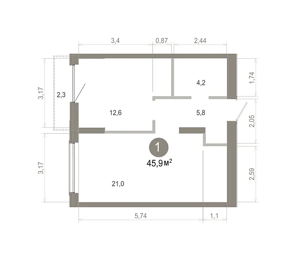 Количество комнат: 1,  45.93 кв.м.