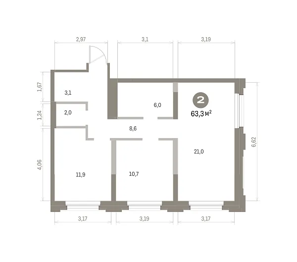 Количество комнат: 2,  63.3 кв.м.