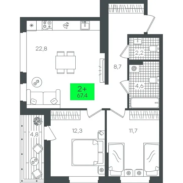Новая 2-к квартира
 67.41 м² на 9/22 этаже в ЖК «Гранд Квартал» в городе Тюмень 
