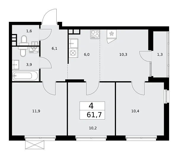 Новая 4-к квартира
 61.7 м² на 15/15 этаже в ЖК «Деснаречье» в городе Тюмень 
