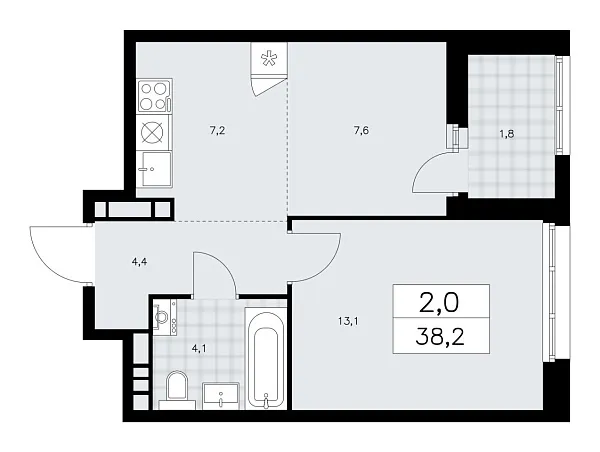 Новая 2-к квартира
 38.2 м² на 20/24 этаже в ЖК «Дзен-кварталы» в городе Тюмень 