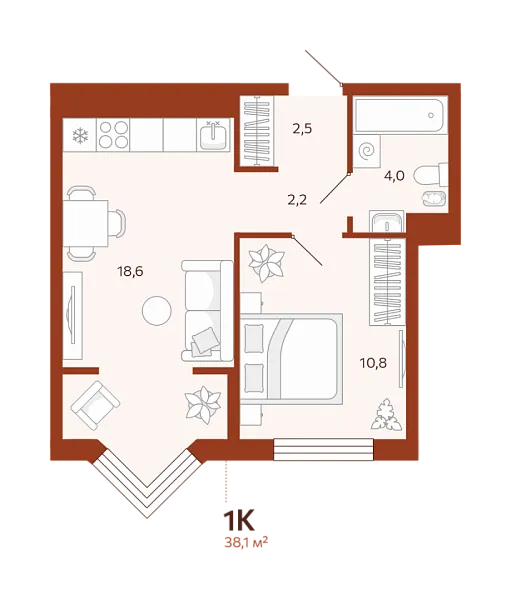 Новая 1-к квартира
 38.14 м² на 3/14 этаже в ЖК «ЖК Новатор» в городе Тюмень 