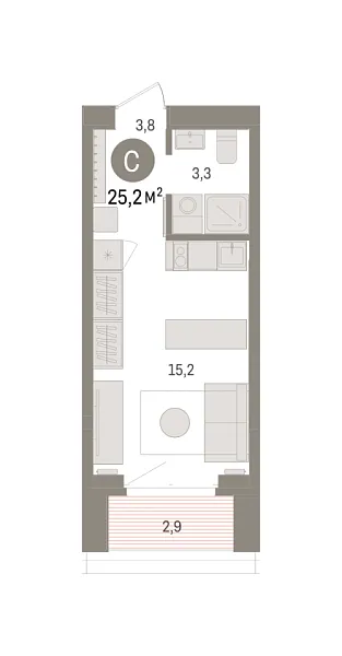 Новая квартира-студия
 25.16 м² на 8/16 этаже в ЖК «Кварталы «На Минской»» в городе Тюмень 
