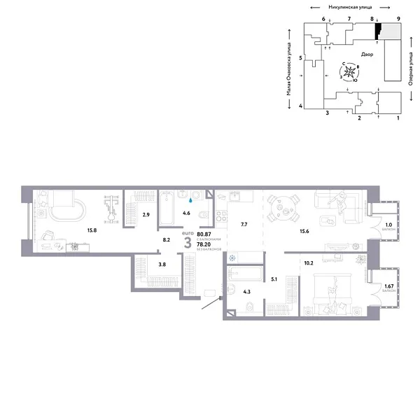 Новая 3-к квартира
 80.87 м² на 3/30 этаже в ЖК «Страна.Озёрная» в городе Тюмень 