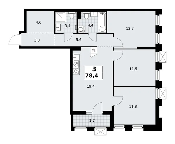Новая 3-к квартира
 78.4 м² на 13/22 этаже в ЖК «Деснаречье» в городе Тюмень 