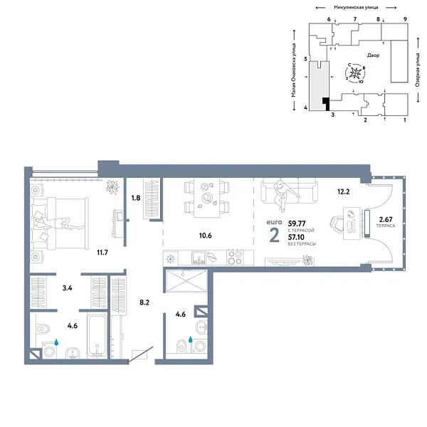 Новая 2-к квартира
 62.77 м² на 8/30 этаже в ЖК «Страна.Озёрная» в городе Тюмень 