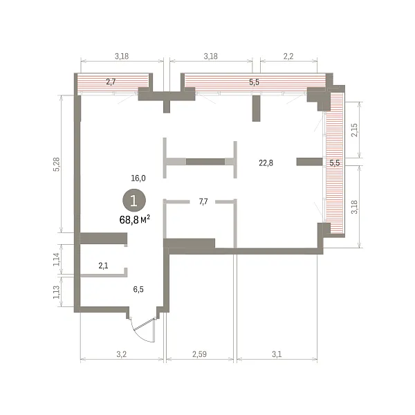 Количество комнат: 1,  69.3 кв.м.
