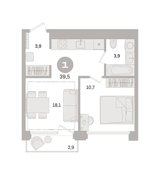Новая 1-к квартира
 39.5 м² на 6/21 этаже в ЖК «Дом «А»» в городе Тюмень 
