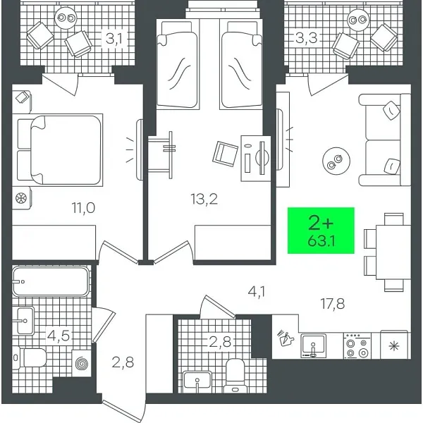Новая 2-к квартира
 63.14 м² на 20/22 этаже в ЖК «Гранд Квартал» в городе Тюмень 