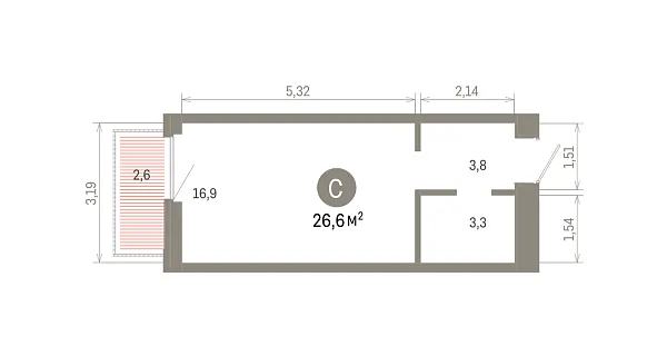 Количество комнат: Студия,  26.57 кв.м.