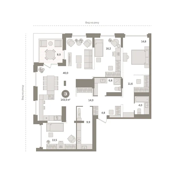 Новая 3-к квартира
 143.53 м² на 23/25 этаже в ЖК «Октябрьский на Туре» в городе Тюмень 