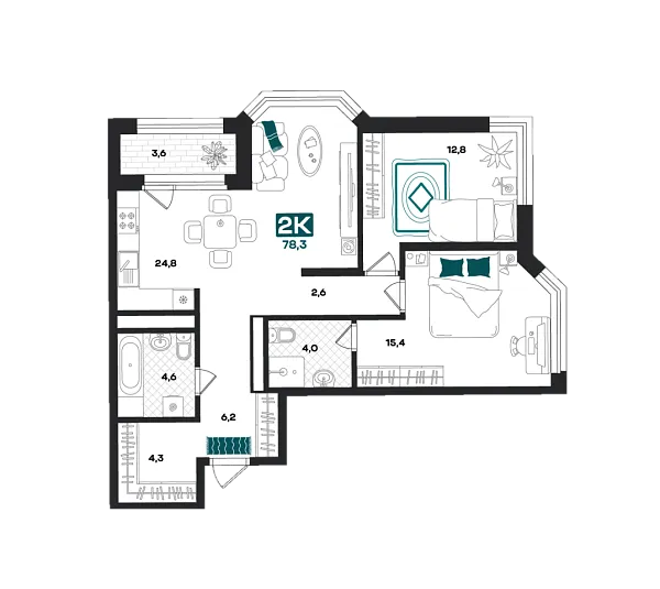 Новая 2-к квартира
 78.3 м² на 20/23 этаже в ЖК «Добро» в городе Тюмень 